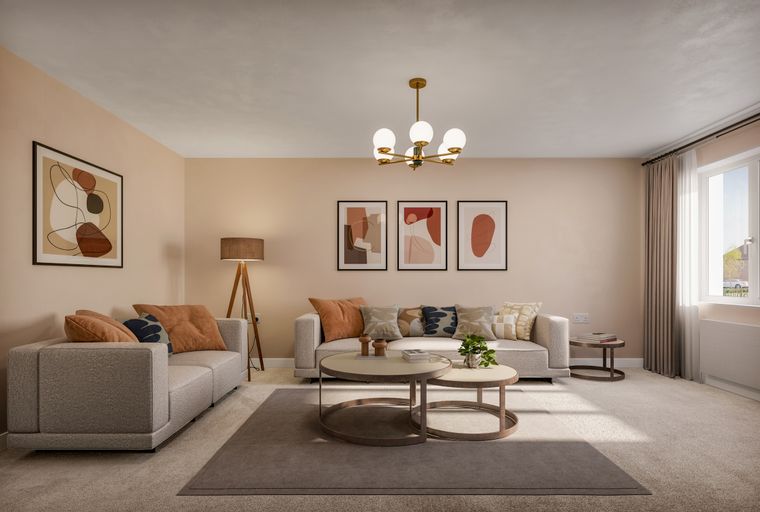 A living room with a sofa, loveseat, coffee tables, and artwork.