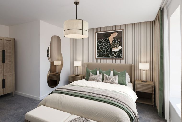 A bedroom with a bed, nightstands, a wardrobe, and a painting on the wall.