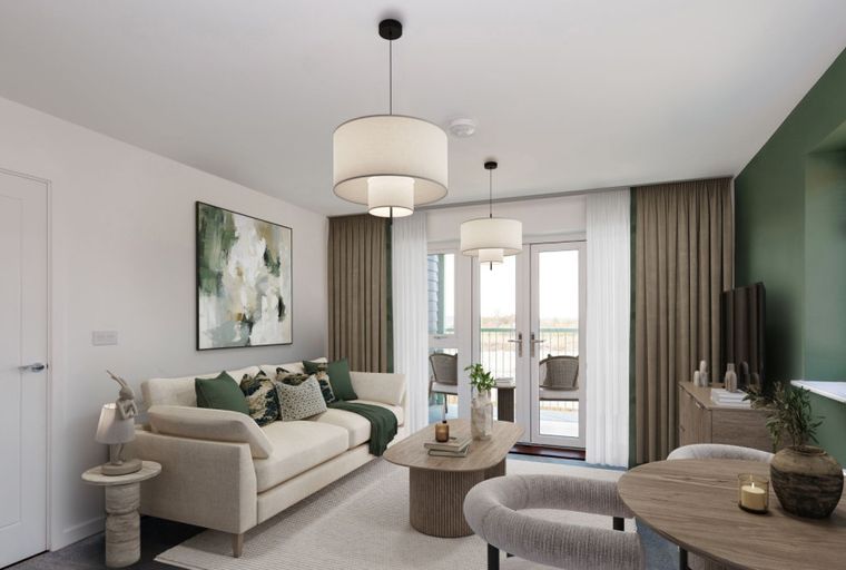 A living and dining room with a sofa, coffee table, dining table, and abstract art.