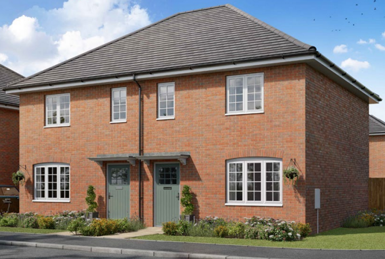 A pair of red brick semi-detached houses with green doors and white windows under a gray tiled roof.