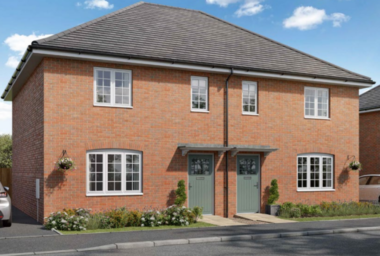 A pair of semi-detached brick houses with grey tiled roofs and white-framed windows.