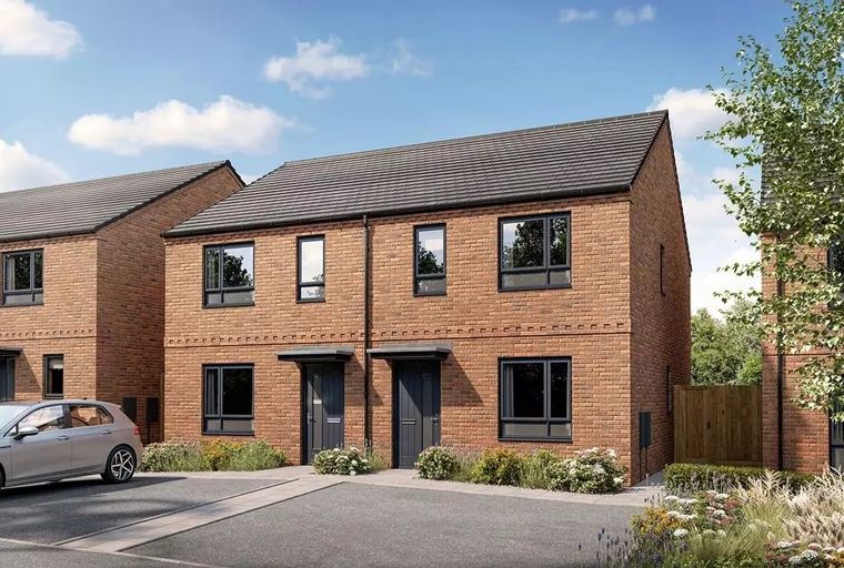 A row of modern brick houses with dark-framed windows and grey doors under a tiled roof.