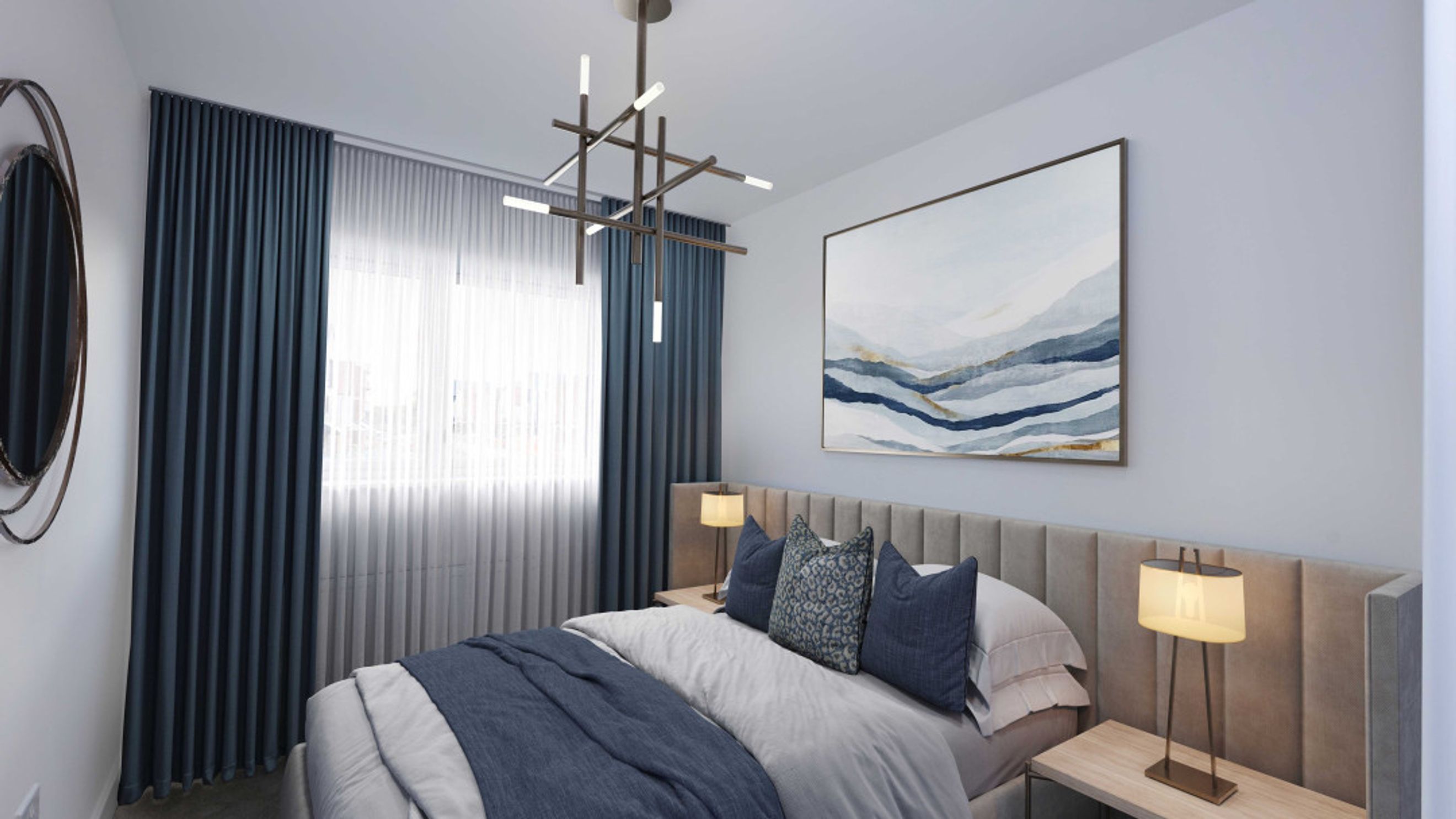 A bedroom with a bed, bedside tables, curtains, and a chandelier.