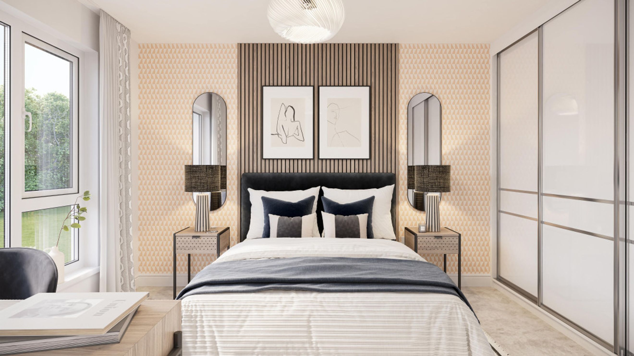 A bedroom with a bed, nightstands, lamps, artwork, a window, and a wardrobe.