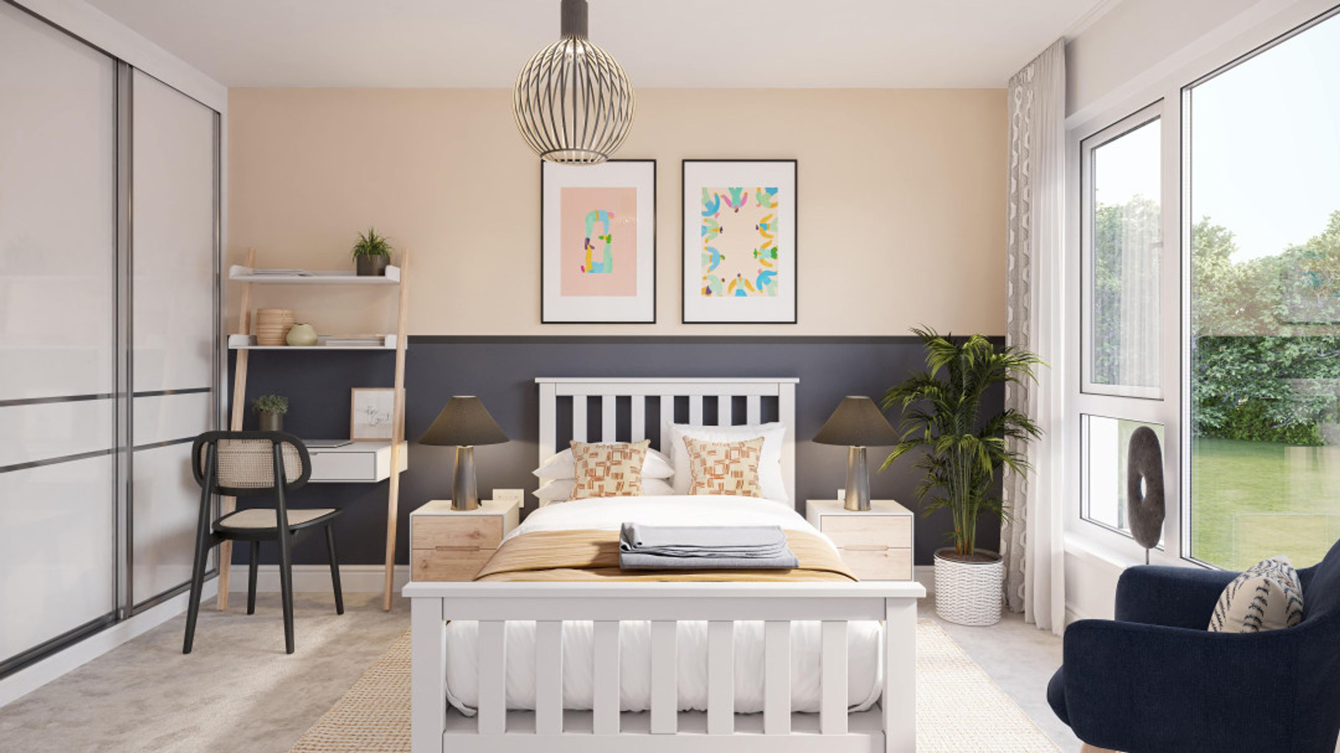 A bedroom with a bed, nightstands, lamps, a wardrobe, a desk, and a window.
