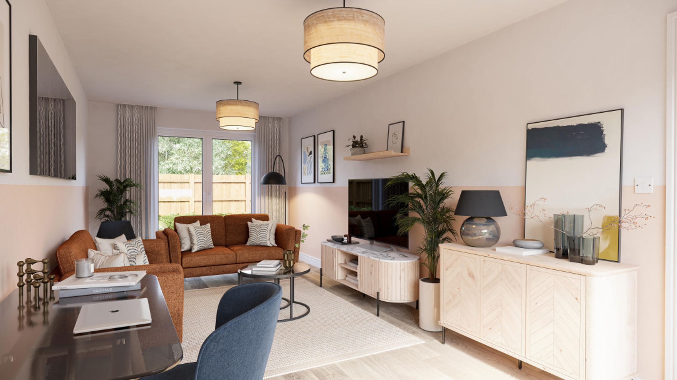 A living room with a sofa, media console, sideboard, and pendant lights.