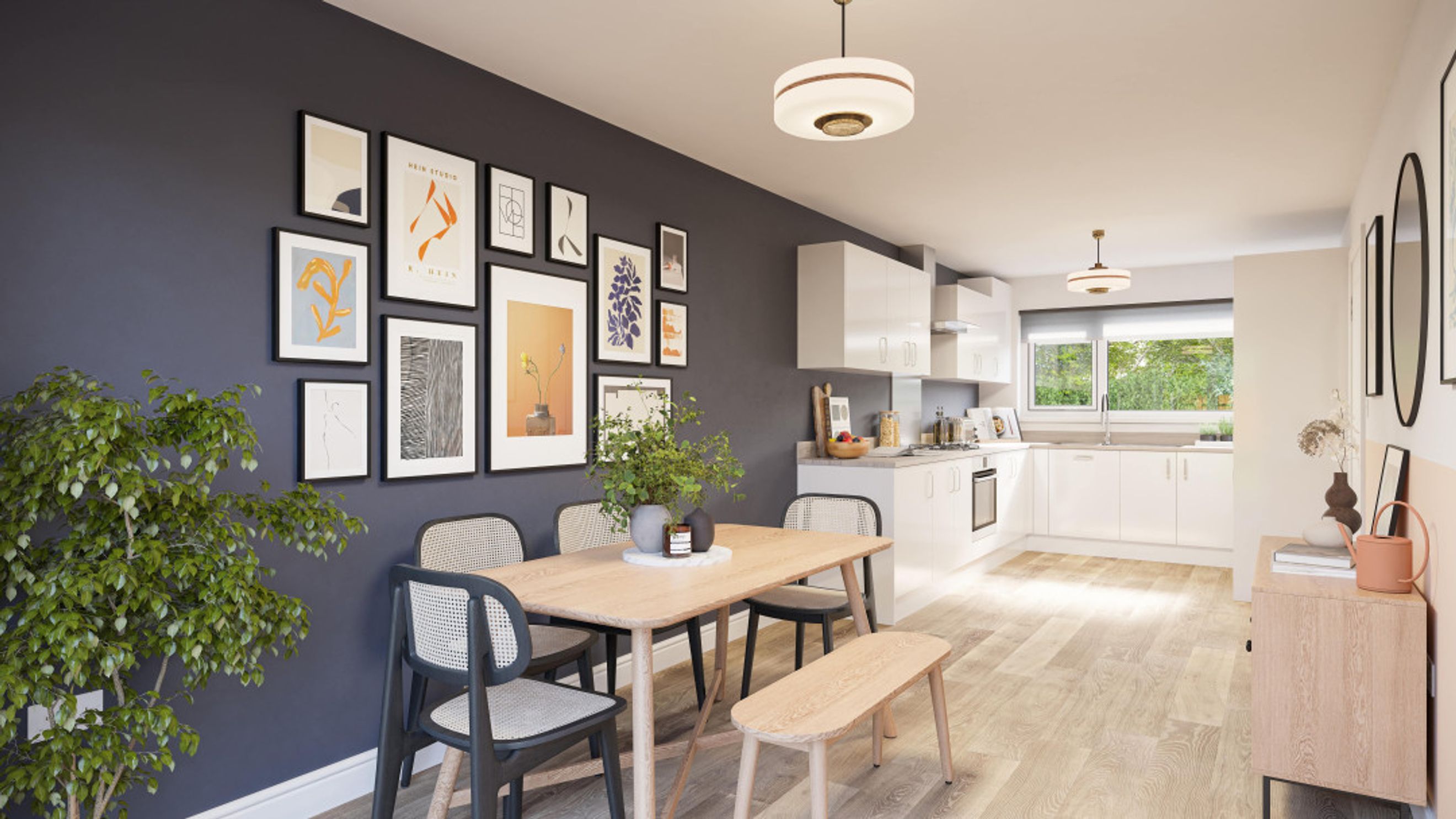 A dining area with a wooden table and chairs next to a modern kitchen with white cabinets.