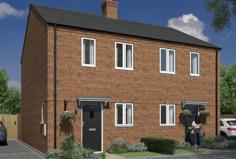 A brick-built semi-detached house with white-framed windows and a dark grey front door.