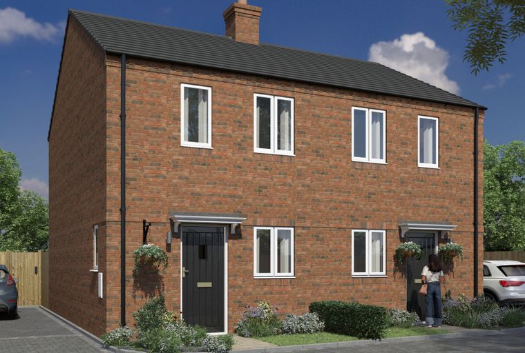 A brick-built semi-detached house with a dark roof, white-framed windows, and two front doors.