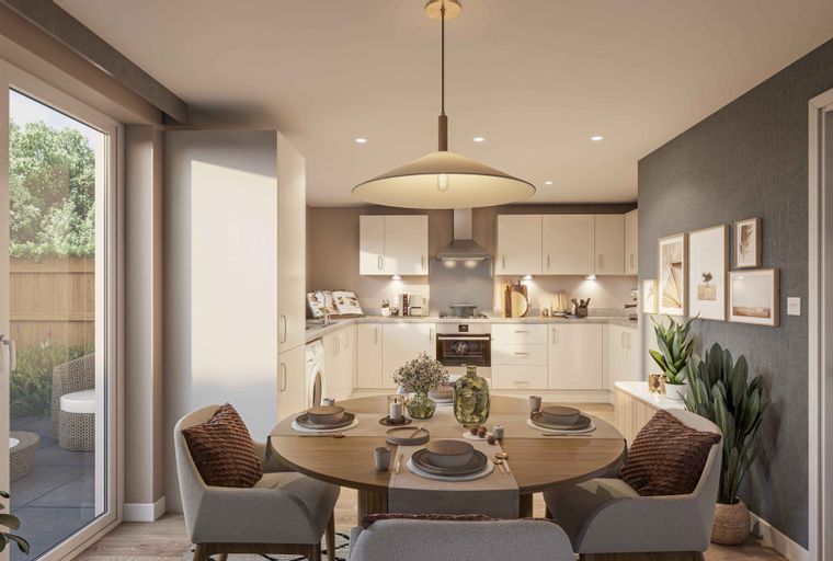 A dining area and kitchen with a table set for a meal and modern cabinetry.