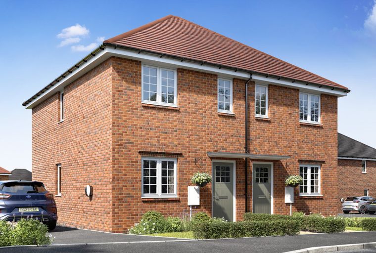 A pair of red brick semi-detached houses with white-framed windows and grey front doors under a tiled roof, with a blue car parked in front of one.