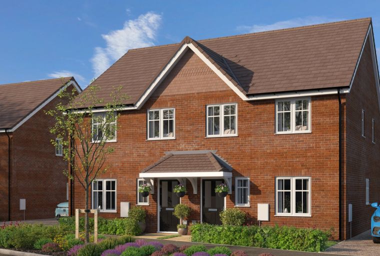 A brick-built semi-detached house with white-framed windows and a brown tiled roof.