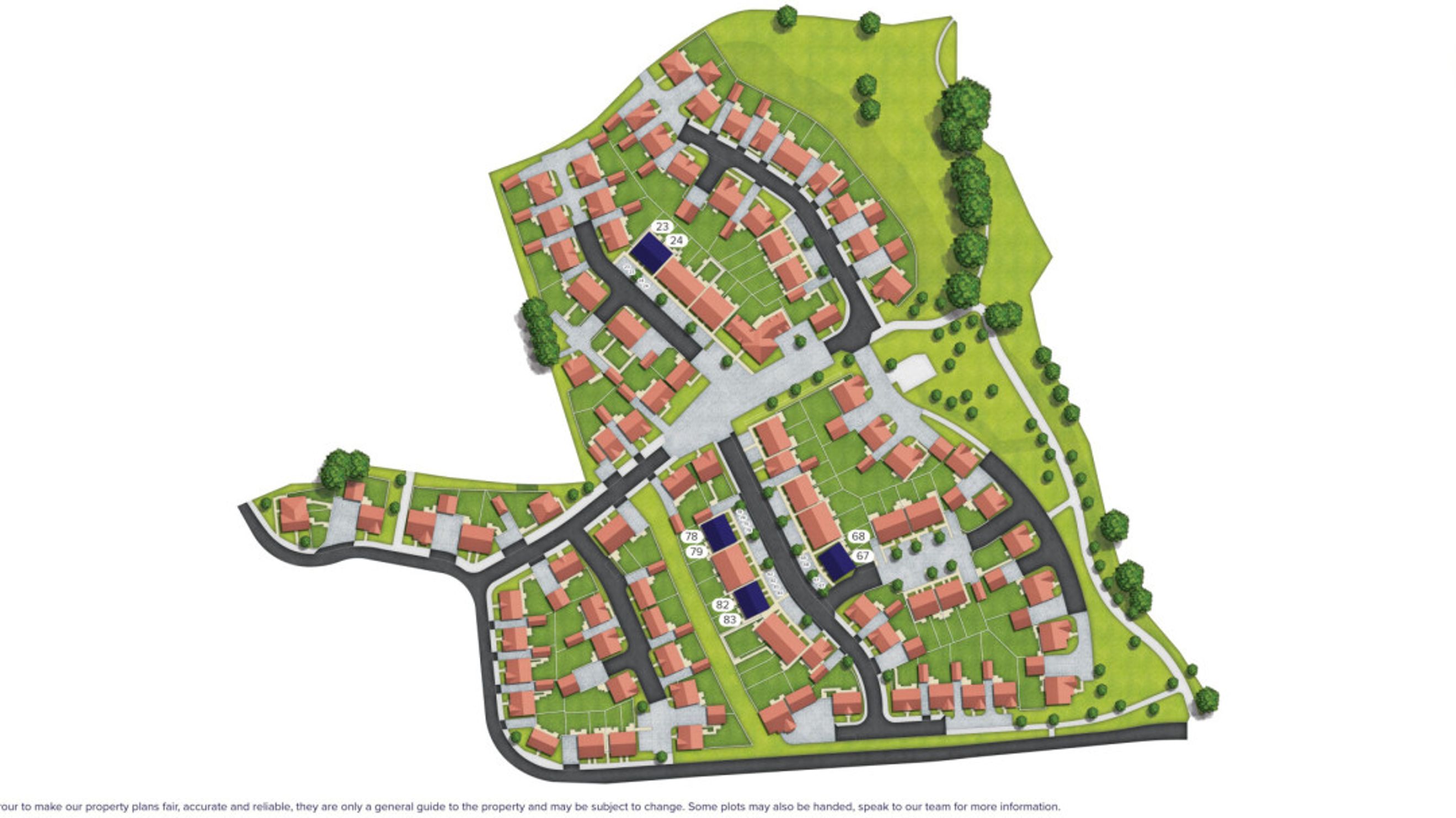A bird's-eye view of a residential development with houses, roads, and green spaces.