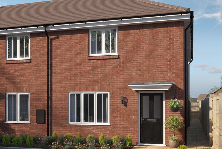 A brick-built semi-detached house with white-framed windows and a dark front door.