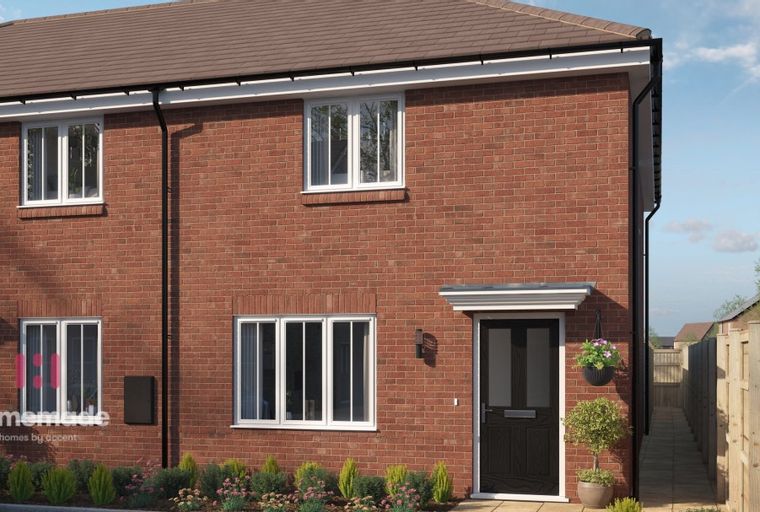 A red brick semi-detached house with white-framed windows and a black front door.