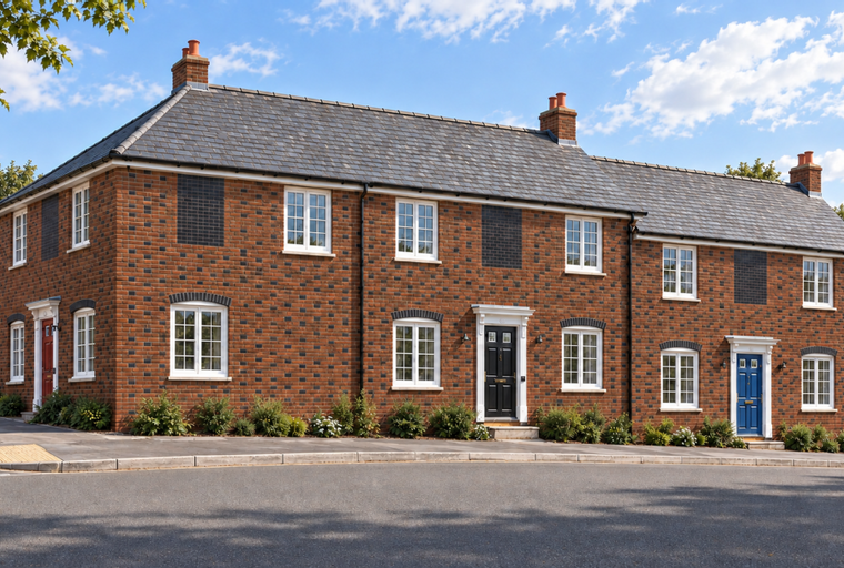 A row of brick houses with slate roofs and white windows under a blue sky with clouds.