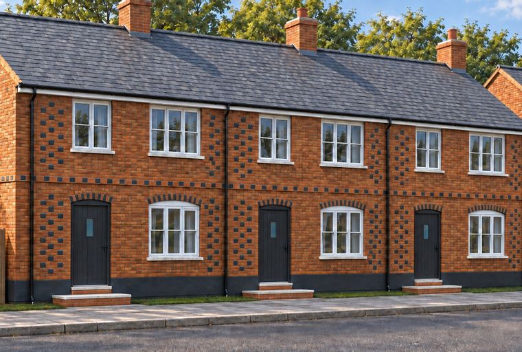 A row of red brick terraced houses with grey tiled roofs and white windows.
