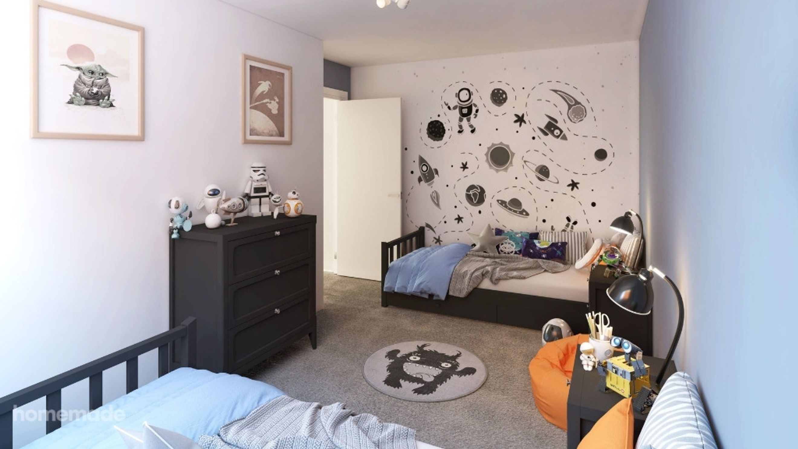 A children's bedroom with two beds, a dresser, and space-themed wall art.