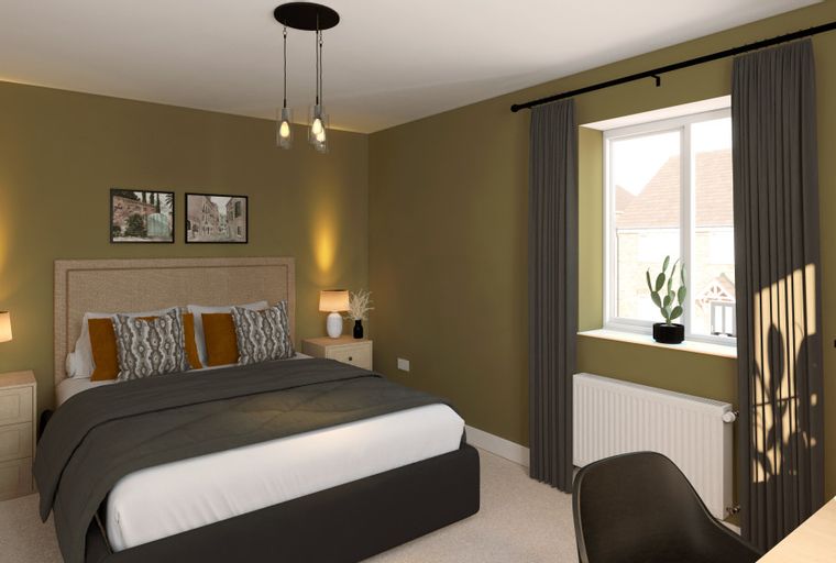 A bedroom with a bed, nightstands, and a window.