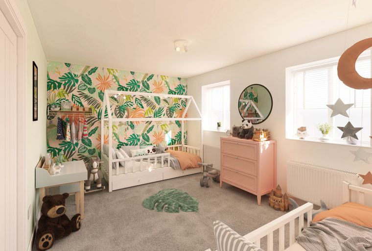 A children's bedroom with a house-shaped bed, jungle wallpaper, and a pink dresser.