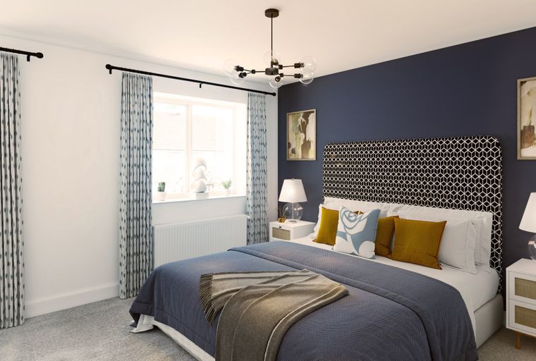 A bedroom with a bed, headboard, bedside tables, lamps, curtains, and a chandelier.