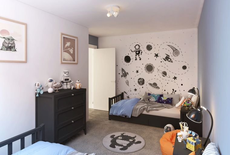 A children's bedroom with a space-themed mural, a bed, and a dresser.