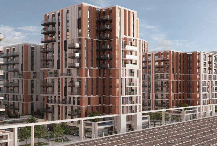 A modern apartment building with balconies and brick and wood exterior.