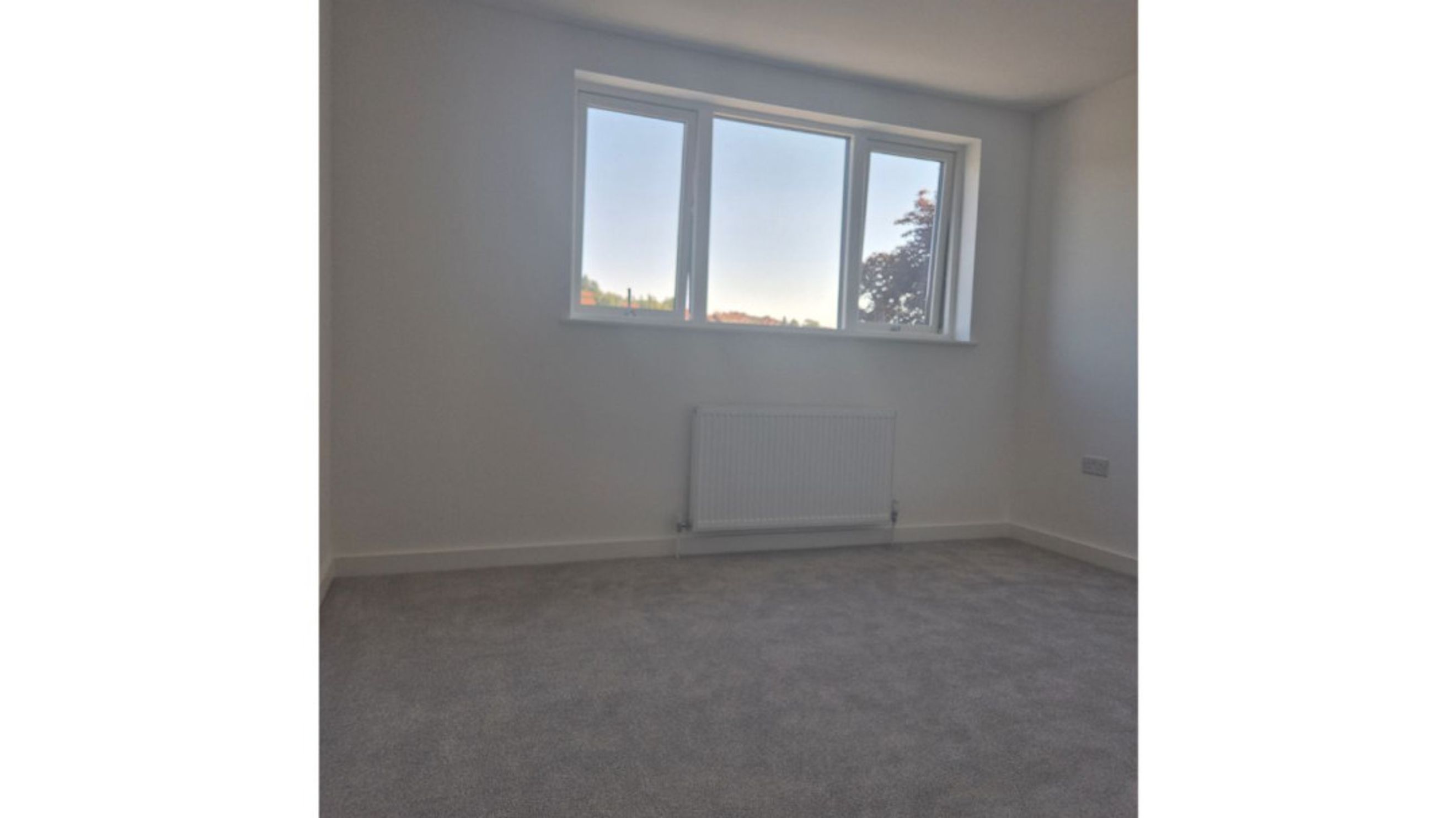 A room with a window, radiator, and carpet.