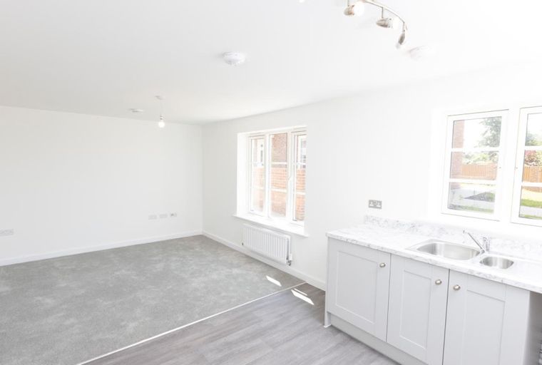 A kitchen and living area with a sink, windows, and carpet.