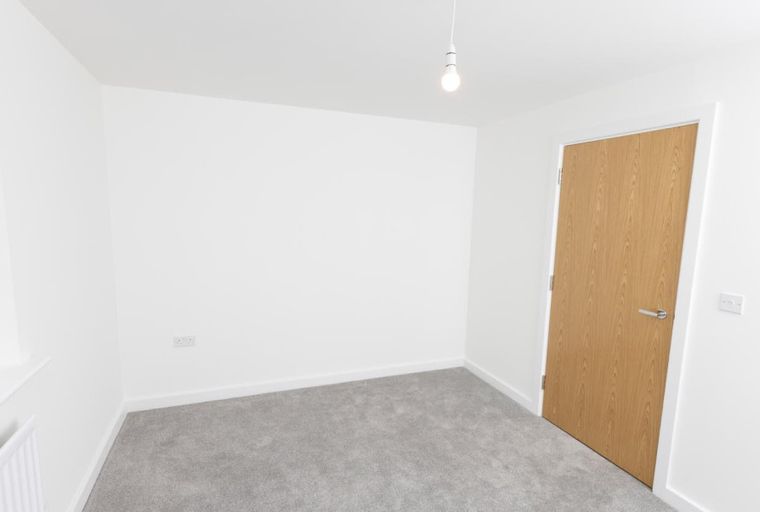 A room with white walls, a grey carpet, and a wooden door.
