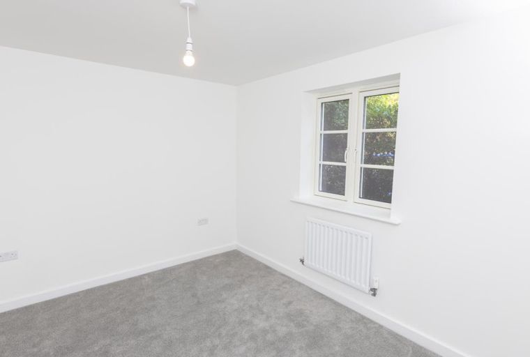 A room with a window, carpet, and radiator.
