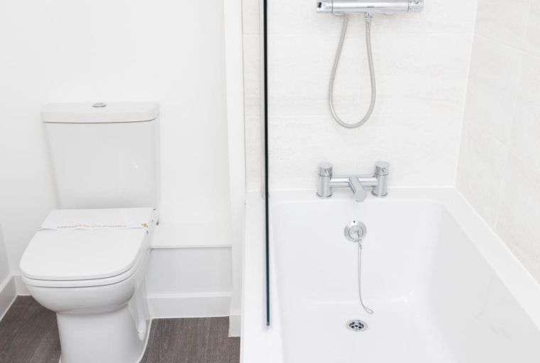 A bathroom with a toilet and a bathtub.
