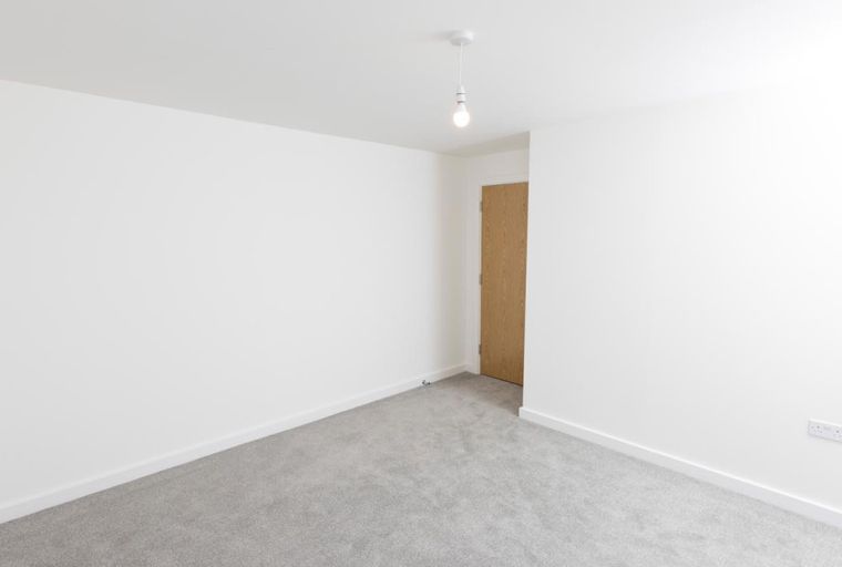 A room with white walls, a grey carpet, a wooden door, and a pendant light.