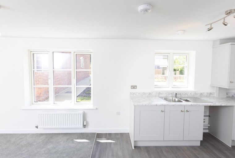 A kitchen and living area with windows, cabinets, a sink, and a carpet.
