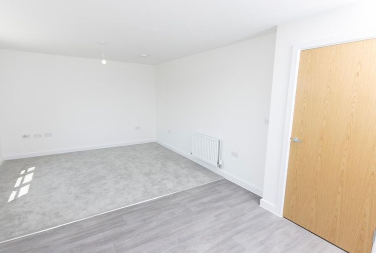 A room with white walls, grey carpet, wood-effect laminate flooring, a radiator, and a wooden door.