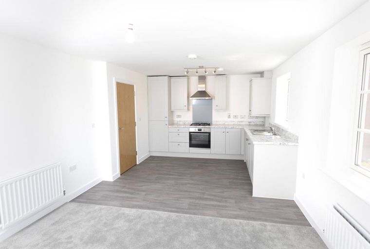 A kitchen and living area with white cabinets, a stove, a radiator, and a wooden door.