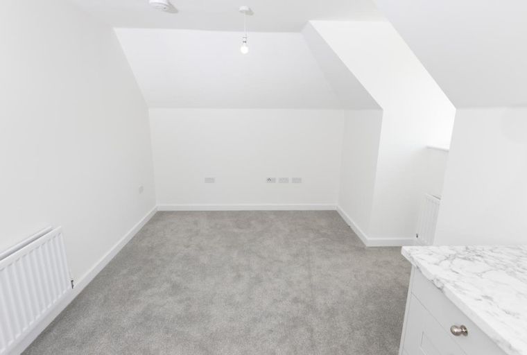 A room with grey carpet, white walls, and radiators.
