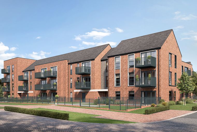 A modern brick apartment building with balconies and large windows.