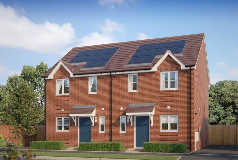 A pair of modern brick semi-detached houses with blue doors and solar panels on the roof.