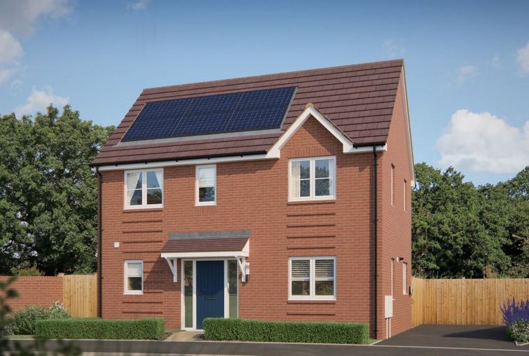 A red brick house with solar panels on the roof and a blue front door.