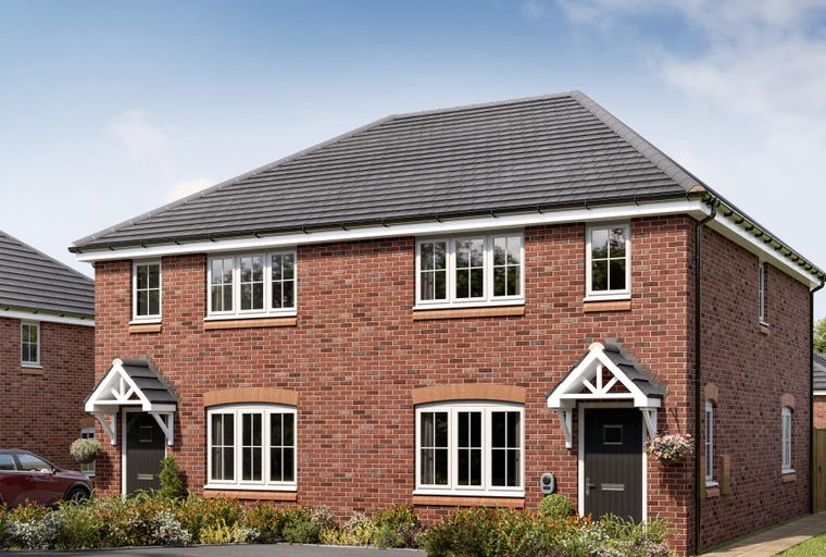 A red brick semi-detached house with white-framed windows and a dark front door under a white-canopied porch.