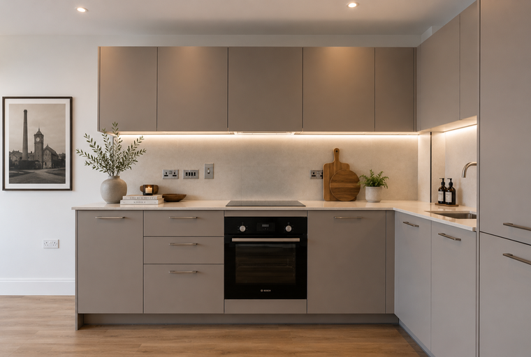 A modern kitchen with taupe cabinets, an induction hob, and a tiled backsplash.