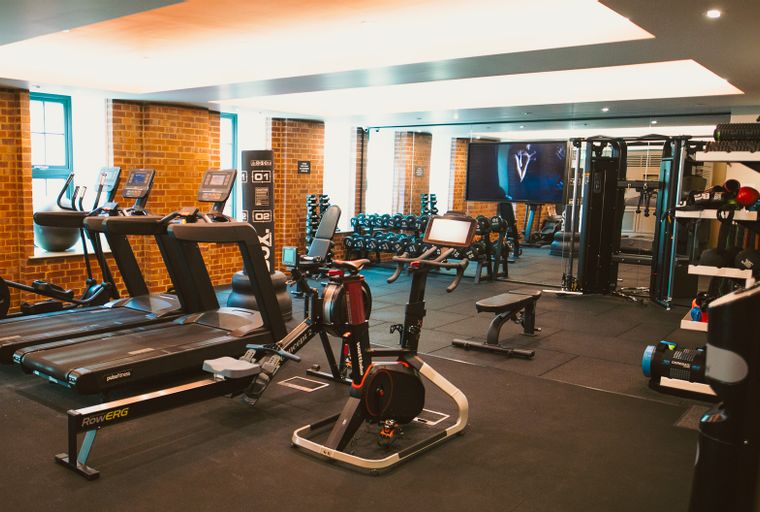 A gym with treadmills, rowing machines, and weight racks.