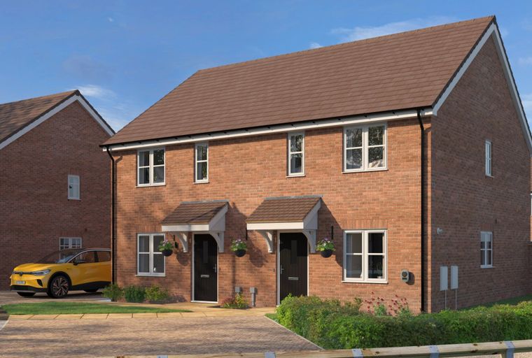 A pair of modern semi-detached brick houses with brown tiled roofs and white-framed windows.