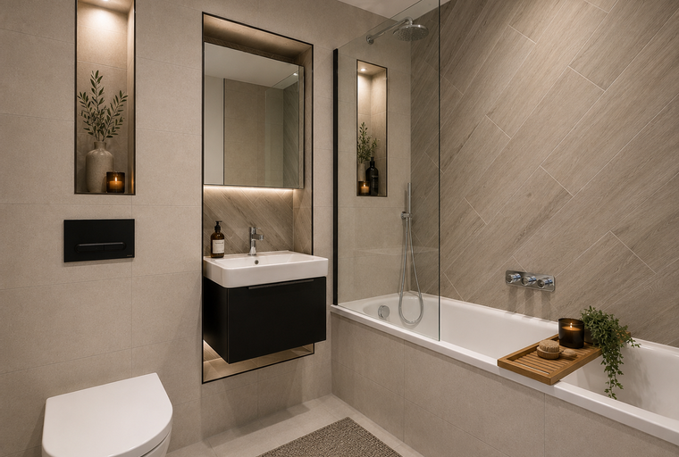 A modern bathroom with a bathtub, shower, sink, and toilet.