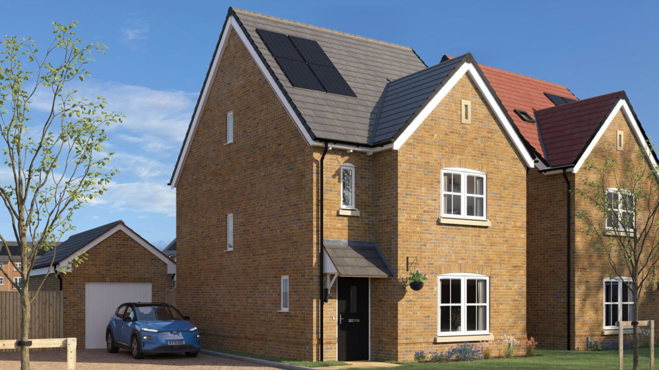 A modern brick house with solar panels on the roof, white-framed windows, a black front door, and a detached garage with a car parked in front.