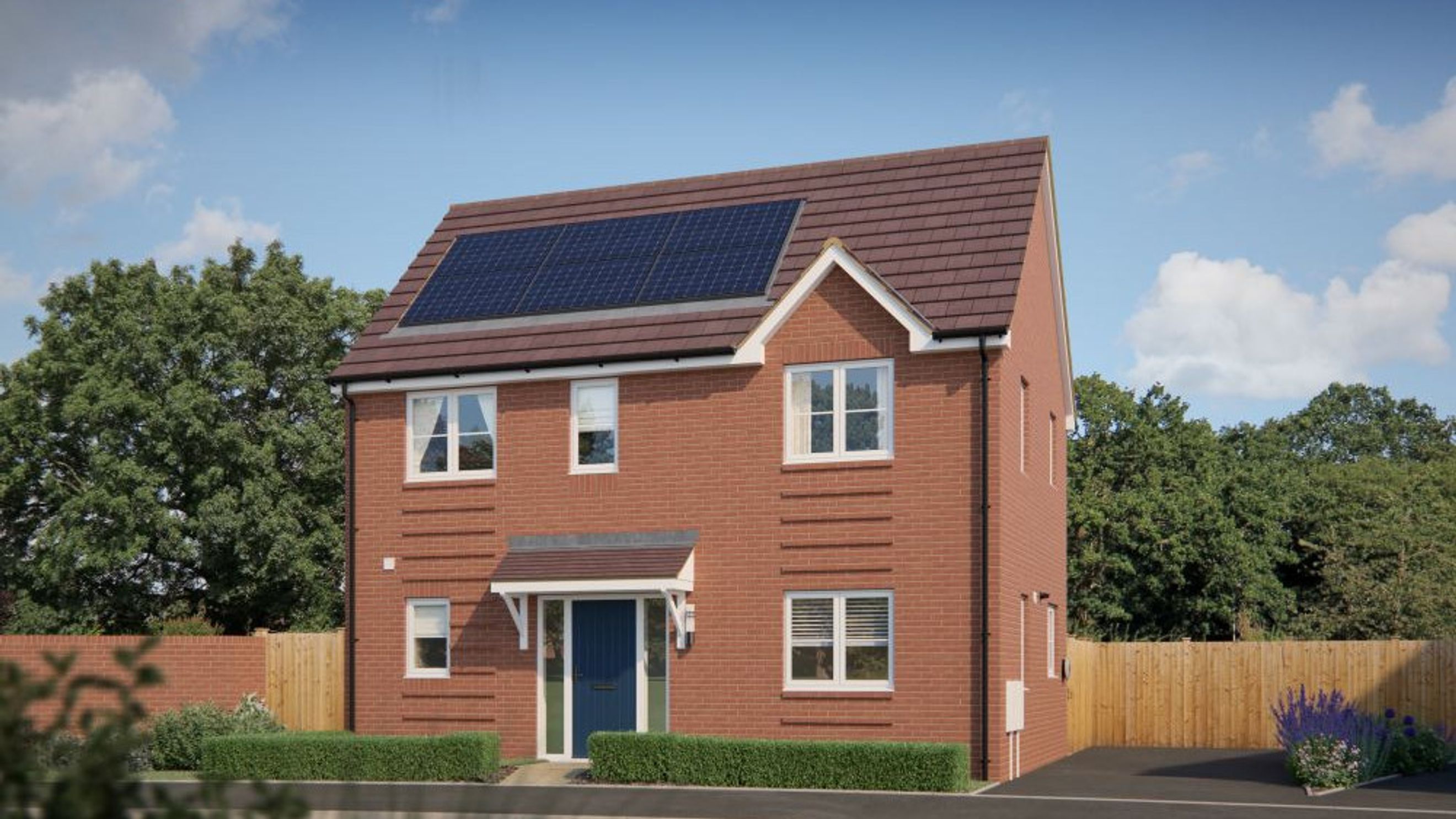 A red brick house with solar panels on the roof and a blue front door.