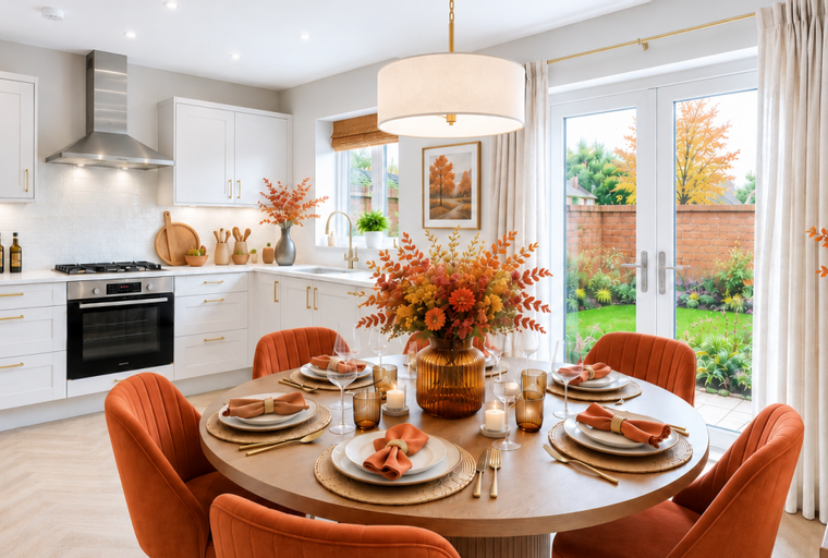 A dining table set for a meal in a kitchen with orange chairs and autumn decorations.