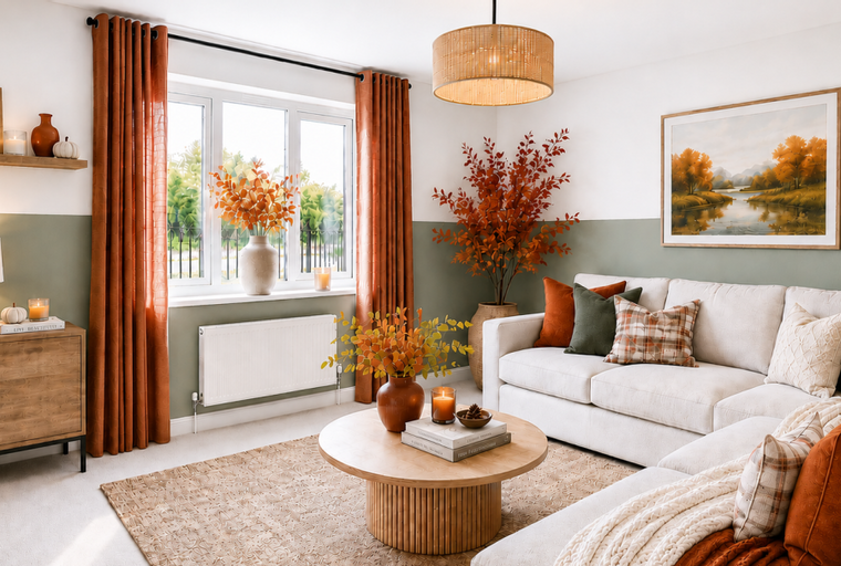 A living room with a sectional sofa, coffee table, and autumn-themed decor.