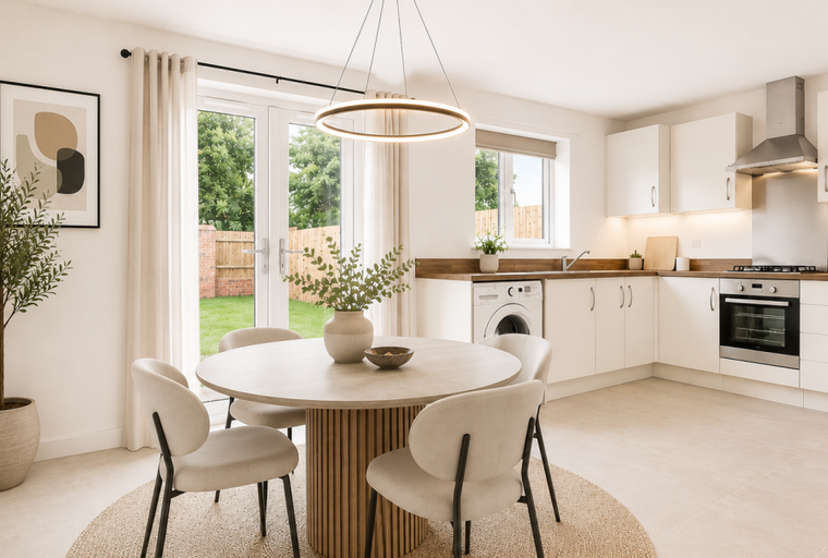A dining area and kitchen with white cabinets, a round table, and chairs.